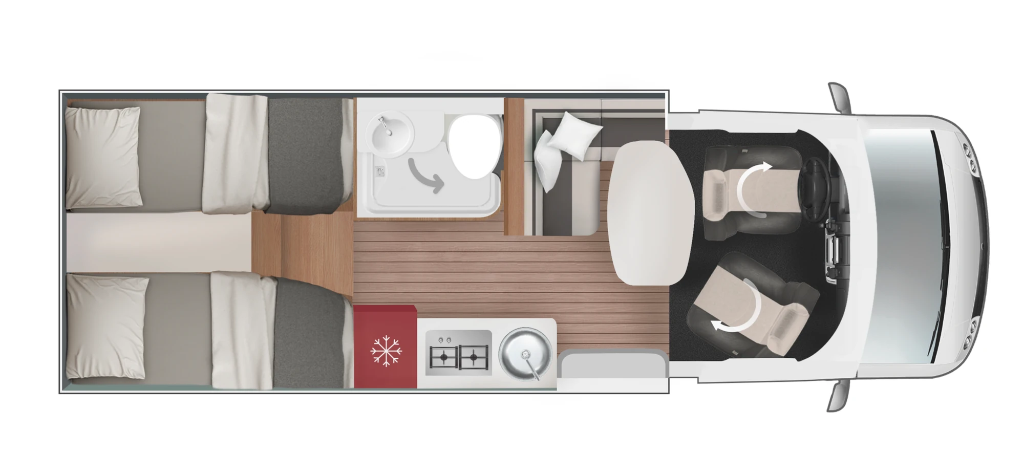 Planimetria Roller Team Kronos Fit 281 P: distribuția interioară pe 6,69 m lungime