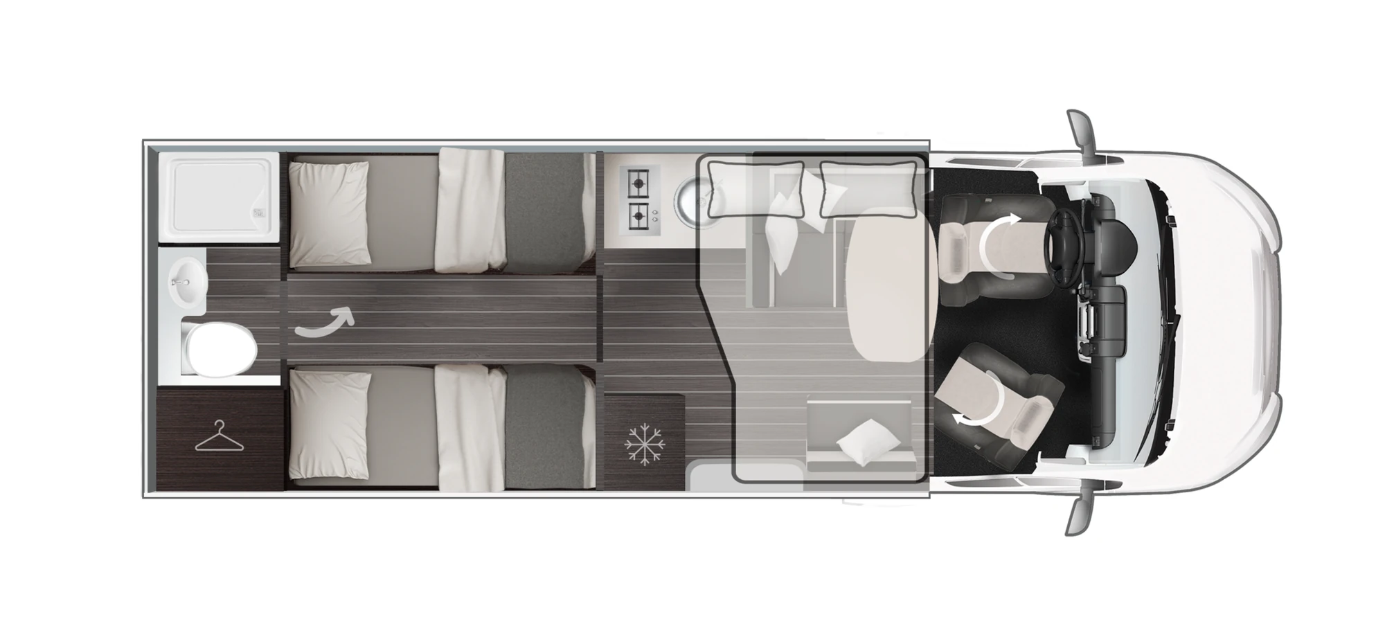 Planimetria Roller Team Zefiro 282 TL WE: distribuția interioară pe 7,43 m lungime
